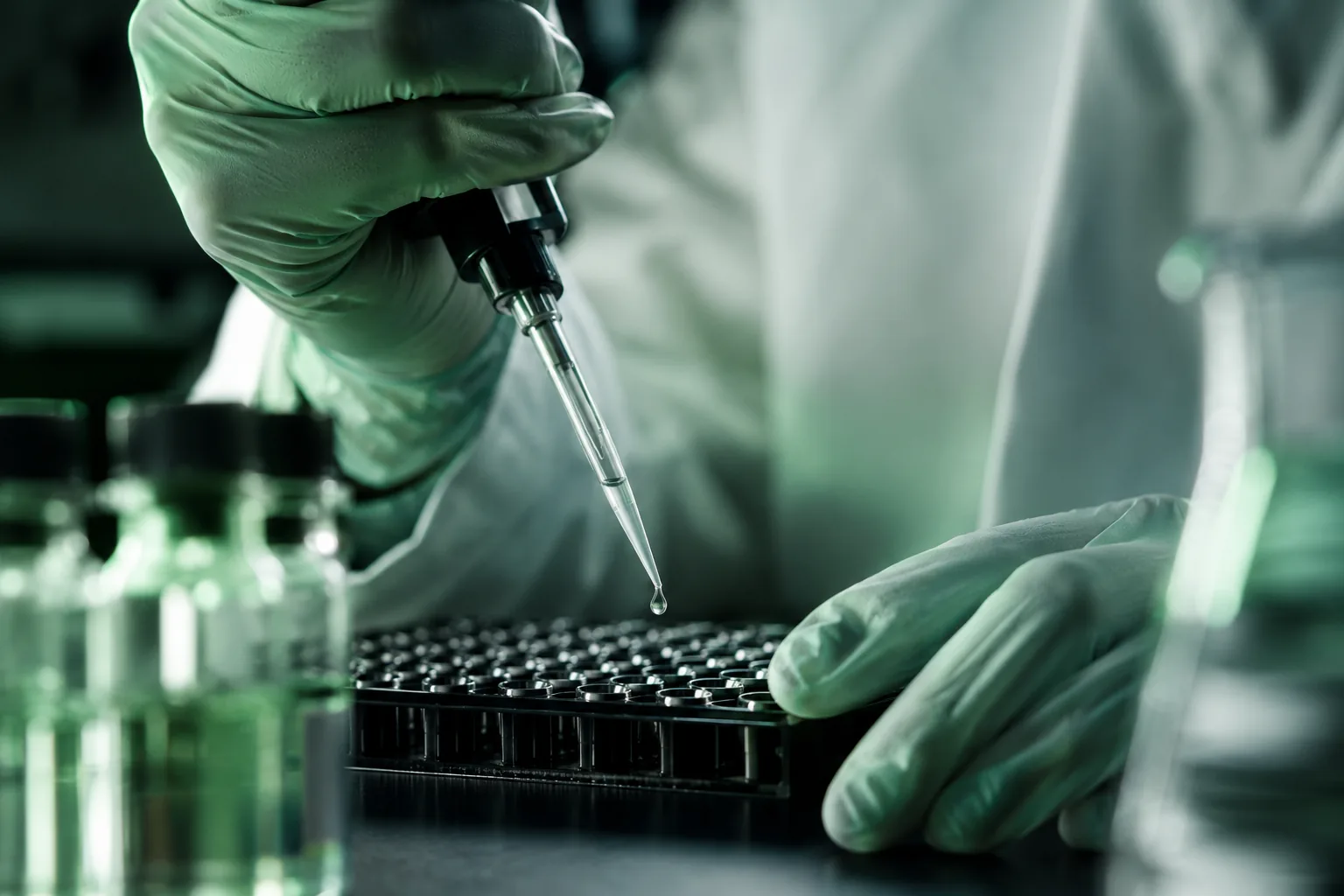 Lab researcher testing sample vials with pipette, green-tinted lighting