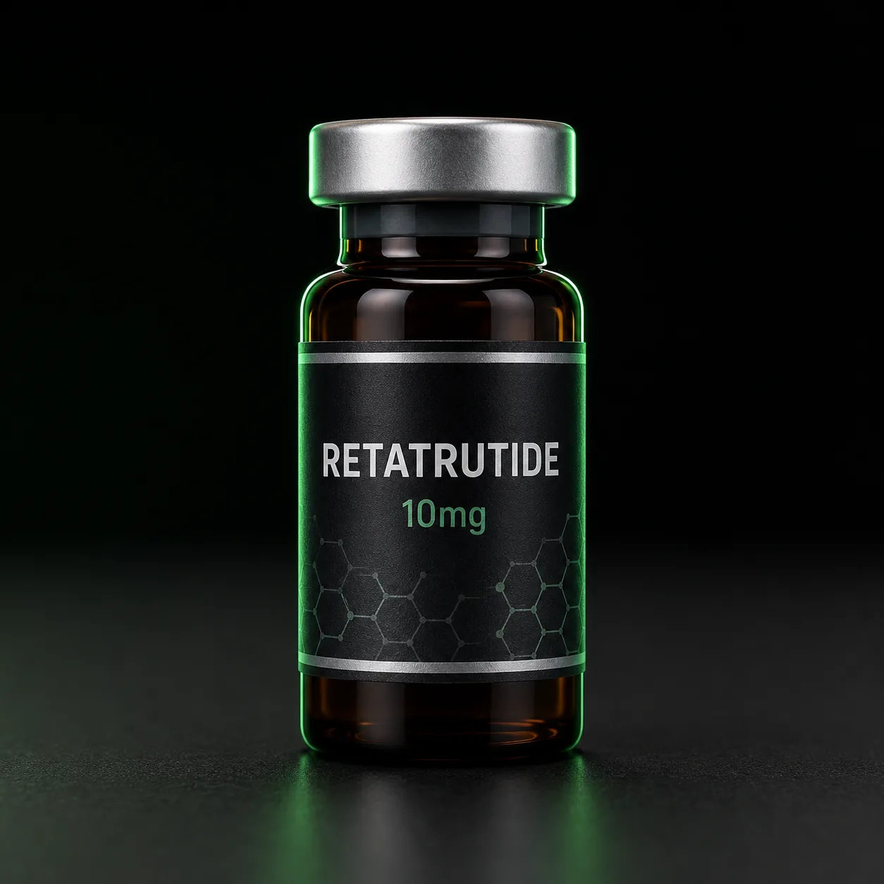 Retatrutide research peptide vial, 10mg, dark amber glass, silver cap, green lab lighting