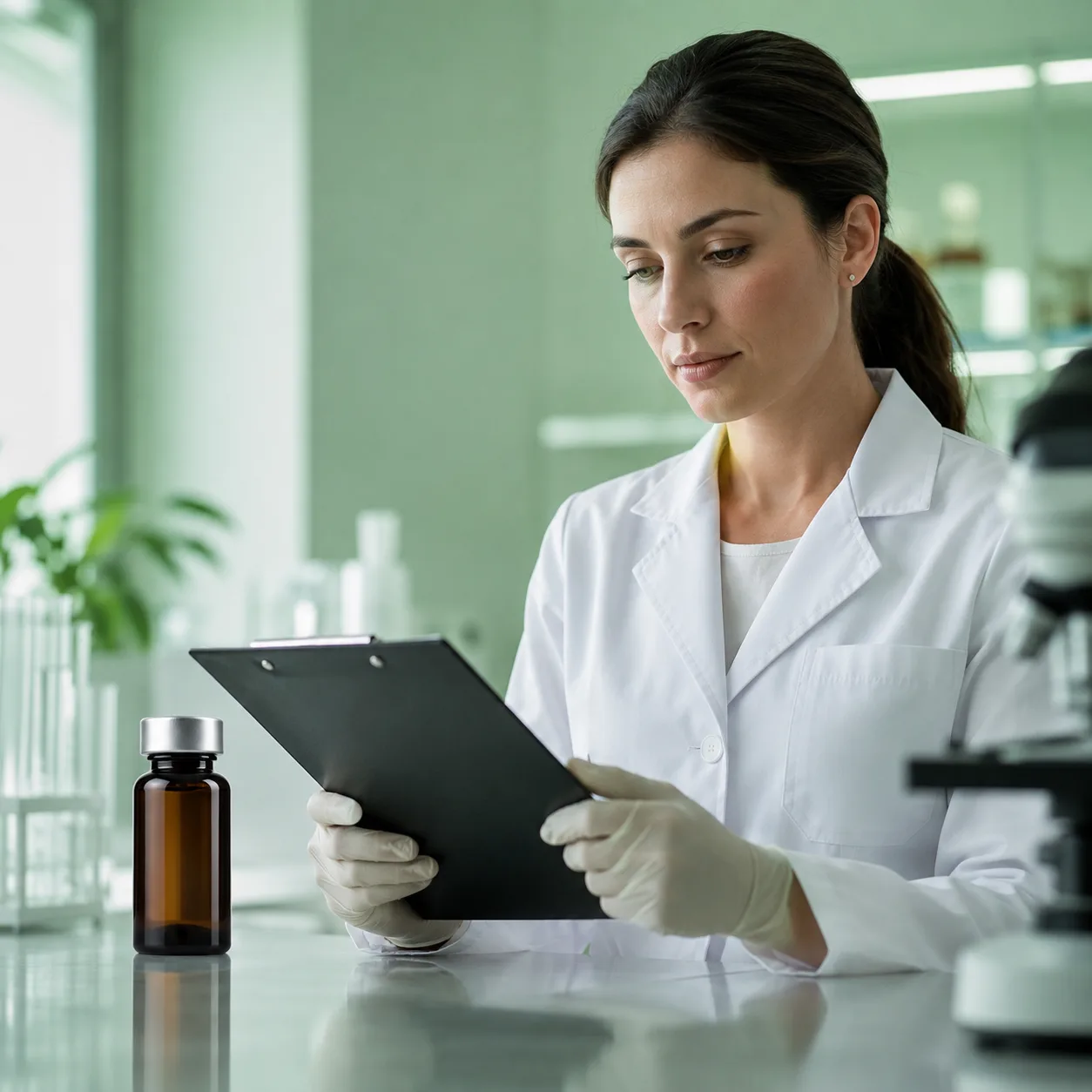 Researcher reviewing a checklist next to a retatrutide research peptide vial in a lab setting
