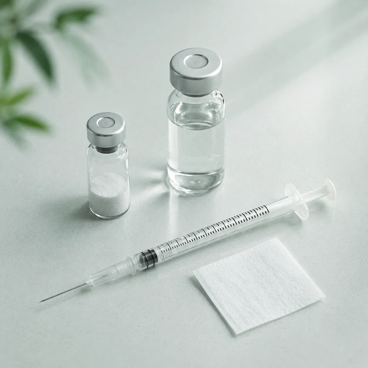 Peptide reconstitution supplies: vial, bacteriostatic water, syringe, and alcohol swab on a lab bench