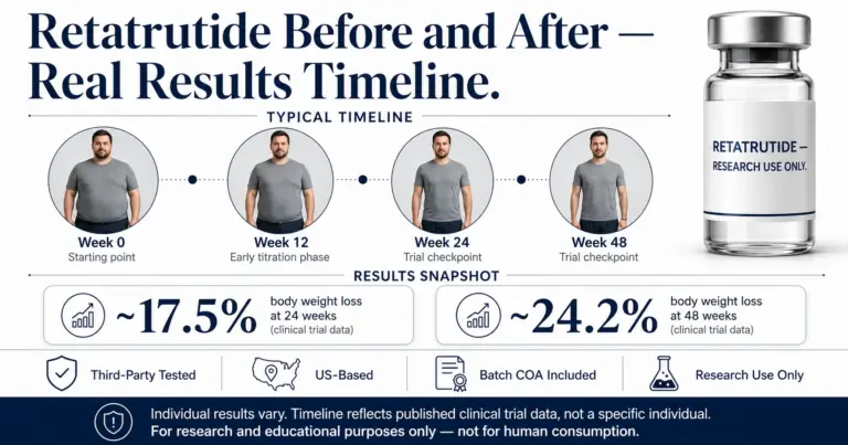 Retatrutide before and after results timeline infographic showing clinical trial weight loss data at 24 and 48 weeks
