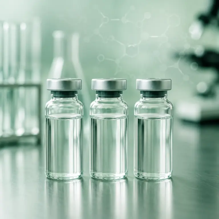 Three unlabeled research peptide vials side by side in a modern laboratory setting