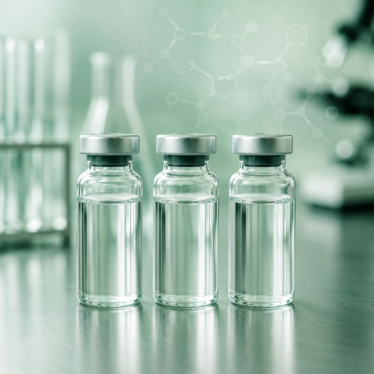 Three unlabeled research peptide vials side by side in a modern laboratory setting